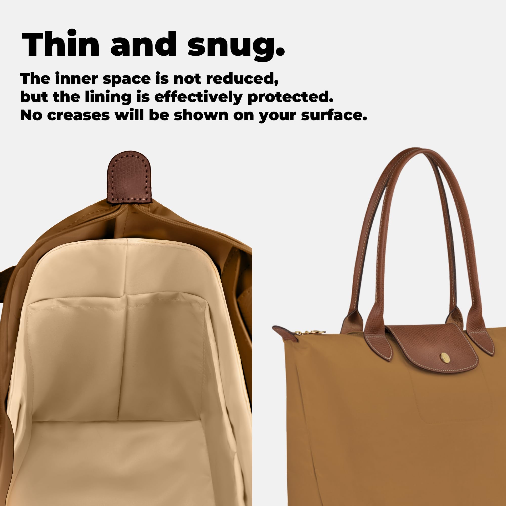 DGAZ Organizador de Bolsos Interior, Inserto para Longchamp Le Pliage, Forro de Seda y Exterior de Papel Dupont, con Bolsillo con Cremallera y Tira Sujeta-Botellas, Ligero (Chai, M Asas largas)