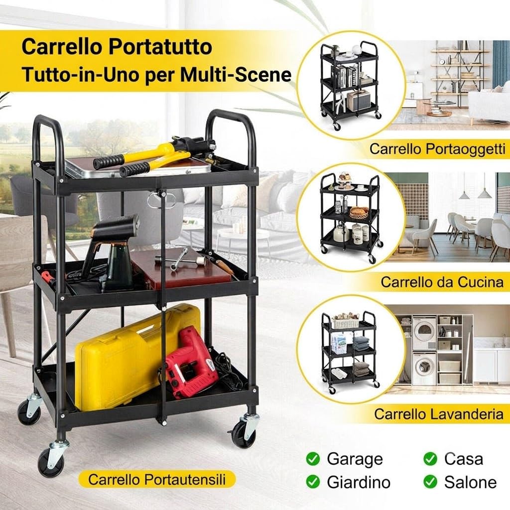 HYTAMA TOOLS Carrello di Servizio 65x40,5x96cm Carrello a Mano Multiuso 3 Ripiani Capacità Totale 60kg, con Ruote Girevoli 360° 2 Ruote con Freni, Carrello Portaoggetti da Garage Giardino