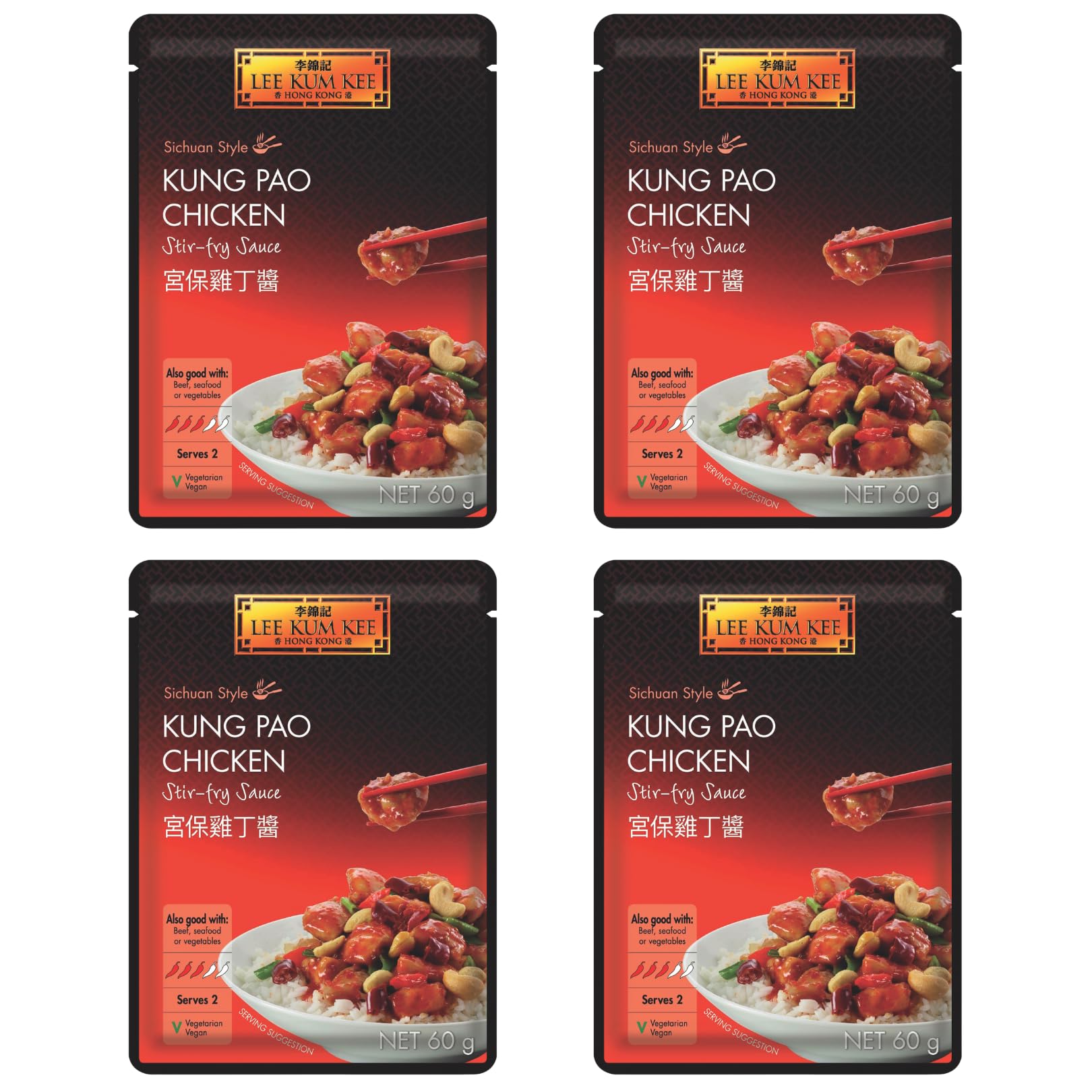 Lee Kum Kee Sichuan Style Kung Pao Chicken Stir Fry Sauce, Vegan, 60g (Pack of 4) - Distinctive Spicy & Piquant Flavour, Perfect for Quick & Easy Vegan Meals