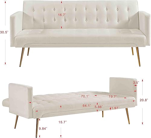 Miniatura 2 de RIDFY Sofá cama futón moderno de terciopelo de 70 pulgadas, sofá cama convertible con patas y reposabrazos de metal, sofá biplaza tapizado plegable,