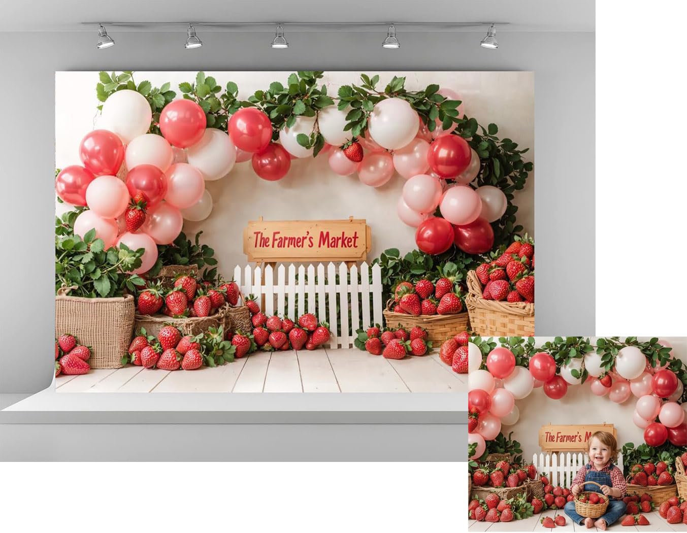 Kate 7x5ft Farmers Market Strawberry Photo Backdrop with Balloon Arch Background Vintage Wood Fence Burlap Sacks for Photography​​