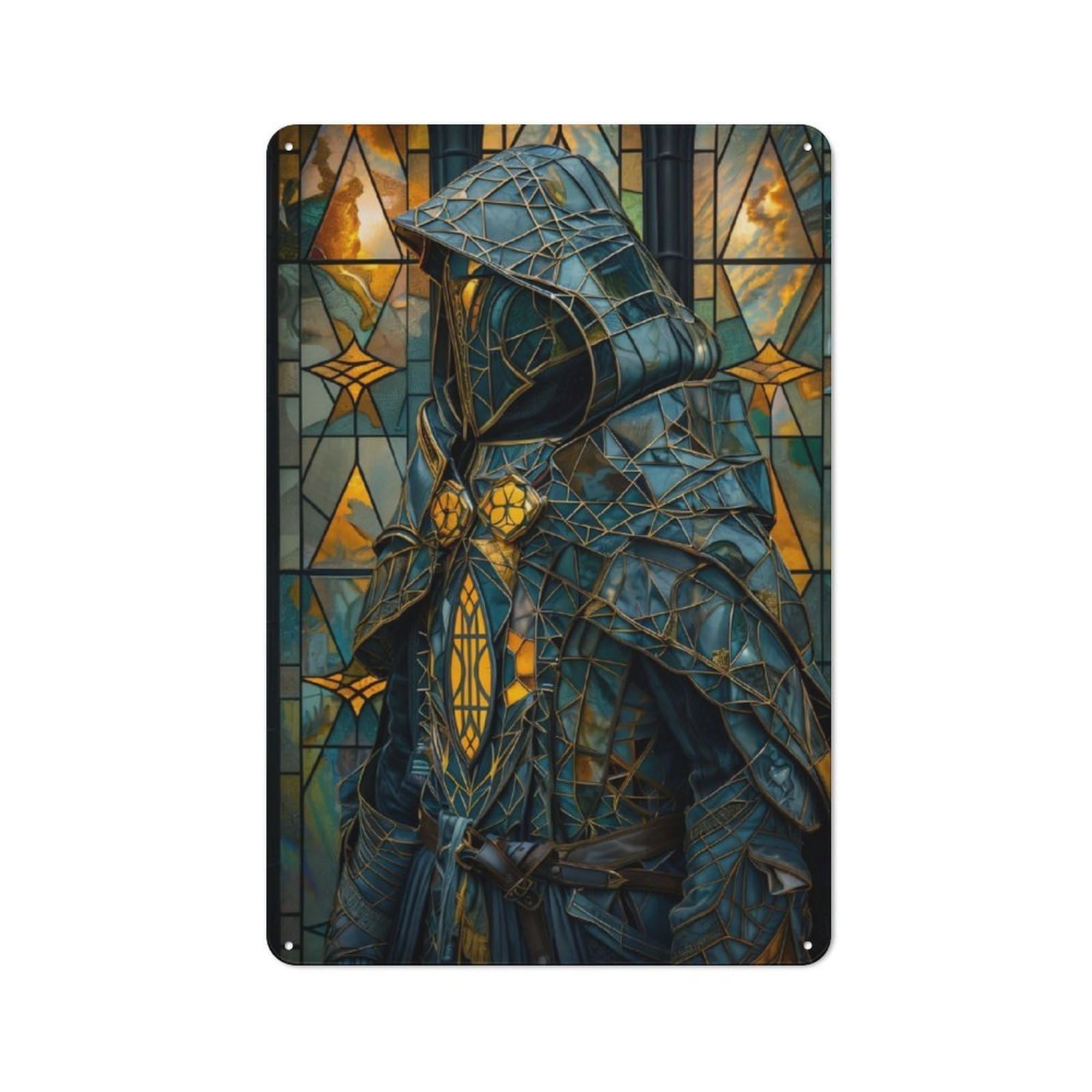 Garage Style Stained Glass Paladin Decorative Metal Plaque 30x20cm, Garage Wall Decor for Workshop, Basement, Shed Or Games Room