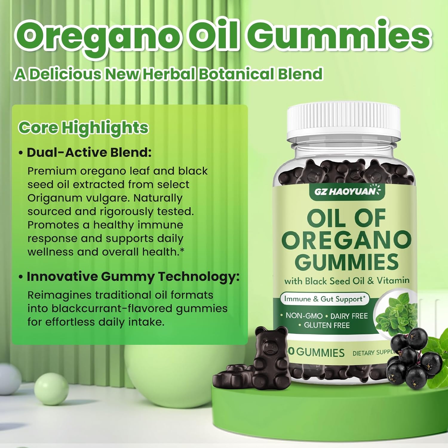 Oil of Oregano Gummies with Black Seed Oil + Vitamin D3, Oregano Oil High Carvacrol, Immune & Digestive Support, Antioxidant Support, 120 Gummies