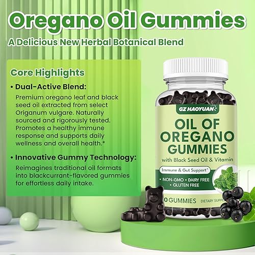 Miniatura 6 de Gomitas de aceite de orégano con aceite de semilla negra + vitamina D3, aceite de orégano orgánico de alto carvacrol, apoyo inmunológico y