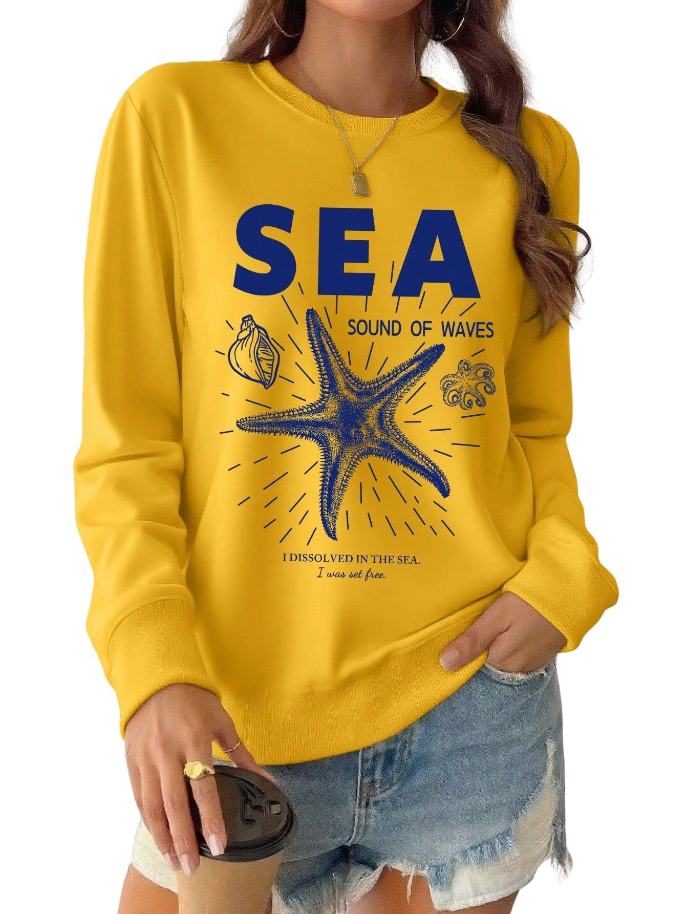 SXV Style Women's Yellow Sweatshirt, SEA Sound of Waves Graphic, Starfish Print, Long Sleeve, Crew Neck-picture-23