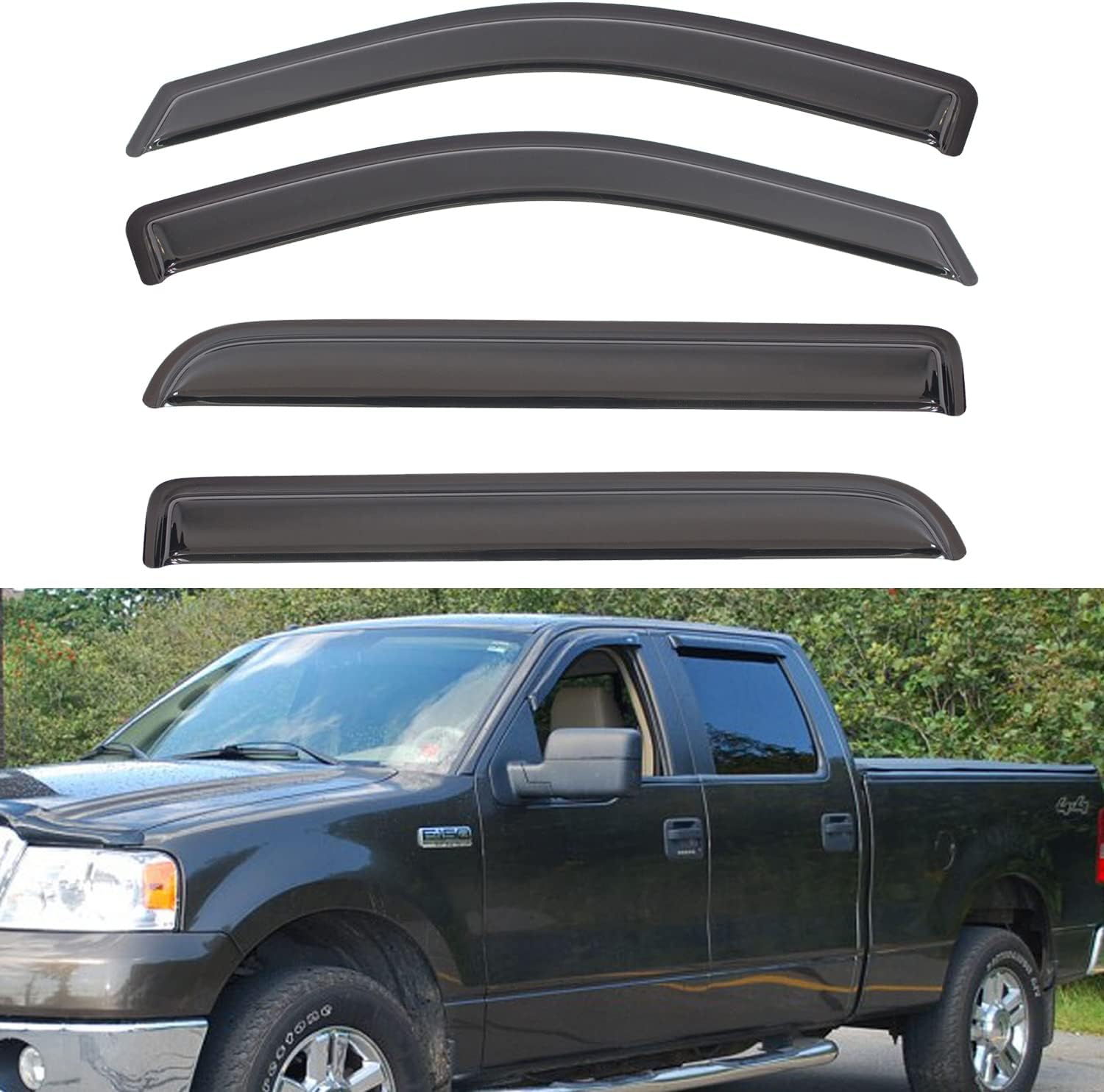 Set of 4 Front+Rear Smoke Sun Rain Guard Outside Mount Tape-On Acrylic Window Visors Compatible with 04-14 F-150 Super/Extended Cab with Half Size Suicide Back Doors