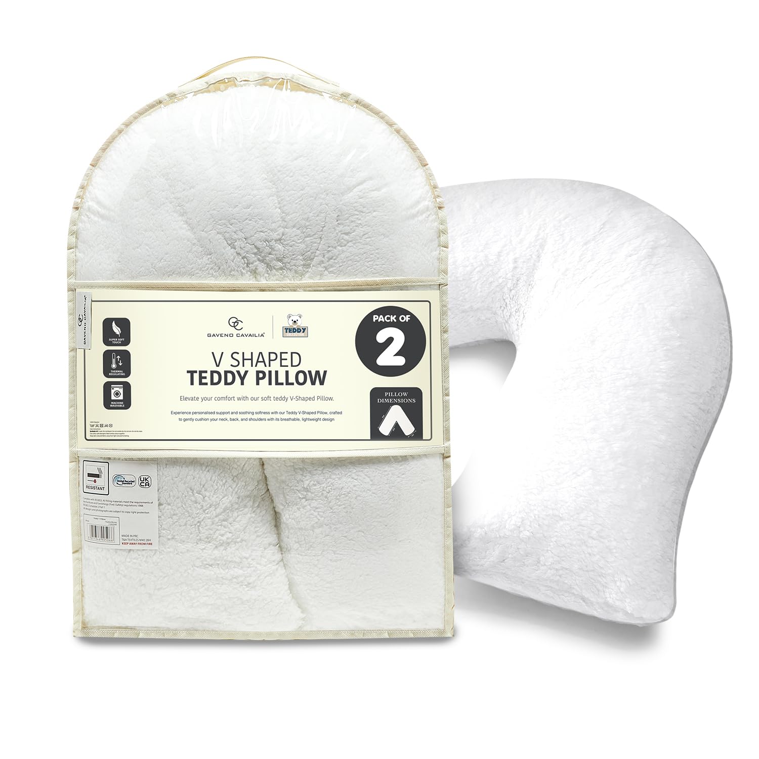GC GAVENO CAVAILIA Teddy Fleece V Shaped Pillow with Removable Cover - Hollowfibre Filled Orthopedic Cushion - Neck and Back Support Pillows - Comfortable Pregnancy and Side Sleeper Pillow, 2 Pack