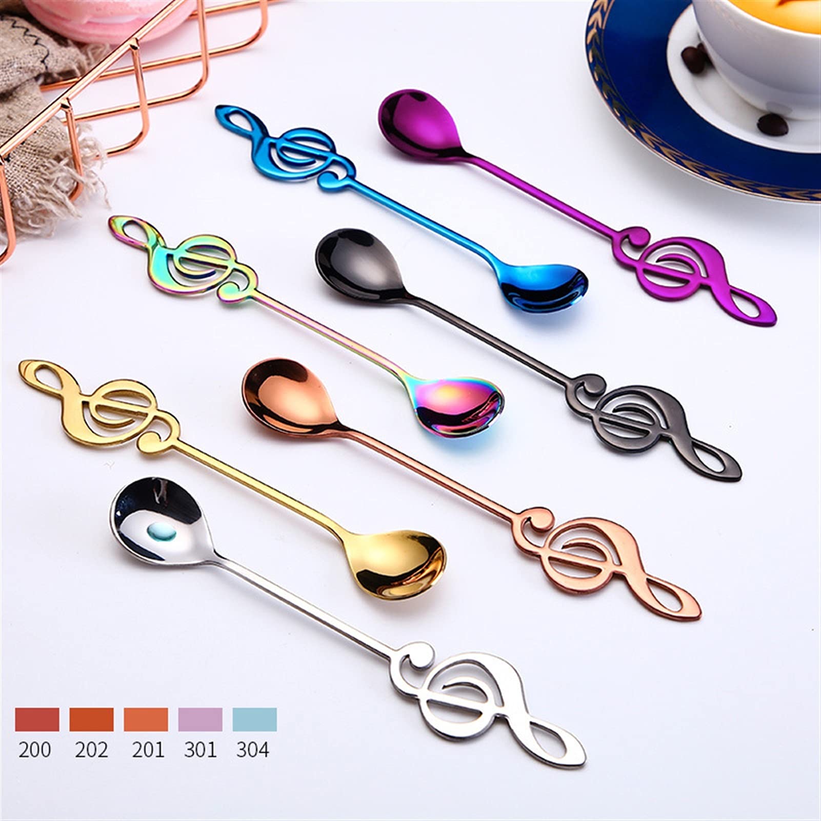 Set di 7 cucchiaini da caffè con note musicali, in acciaio inox 304