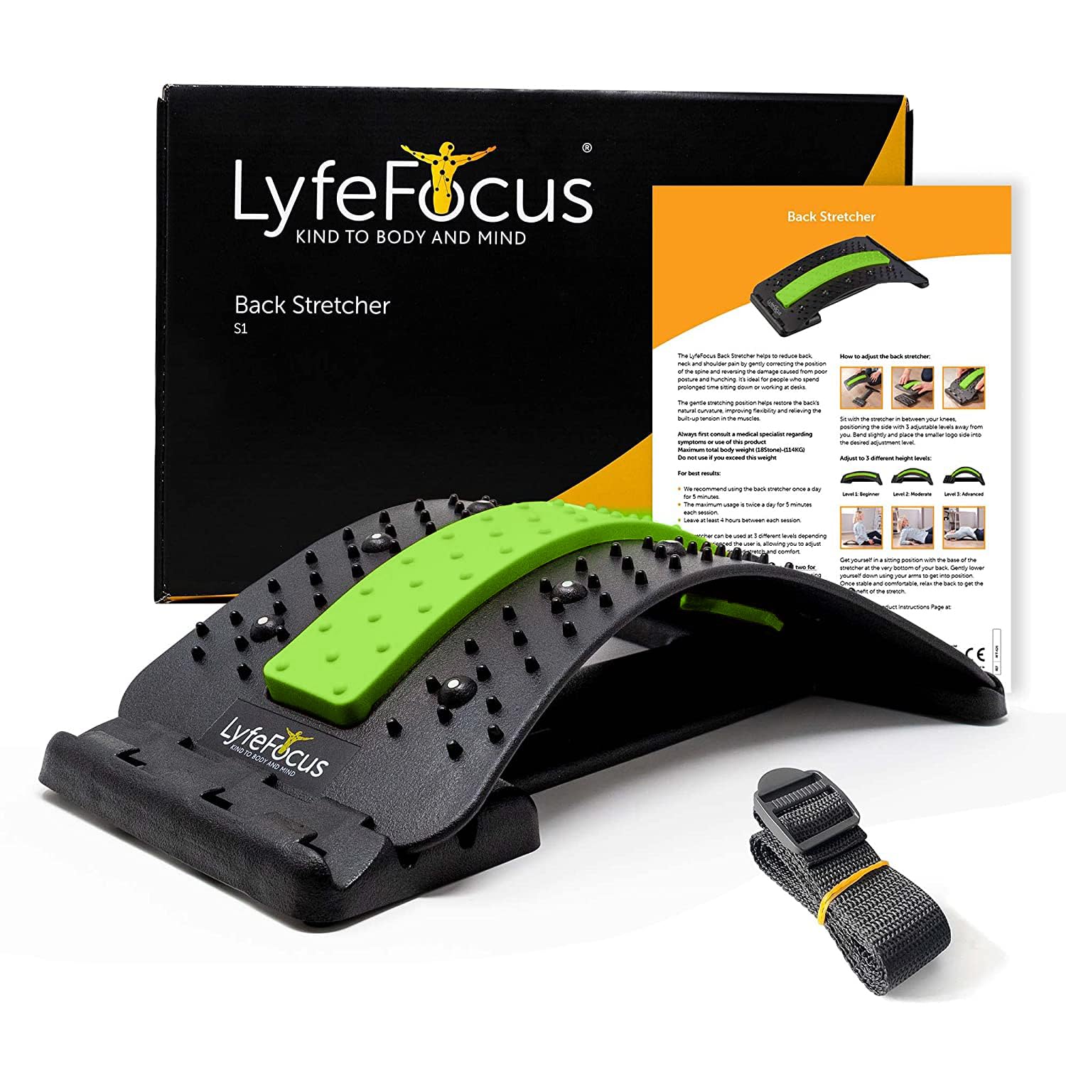 LyfeFocus Back Stretcher & Acupressure Massager for Back & Neck Pain - Comfortable Adjustable Spine Stretcher Posture Corrector - Spine Board Lumbar Support - Magnetic Therapy & Chair Strap (Green)