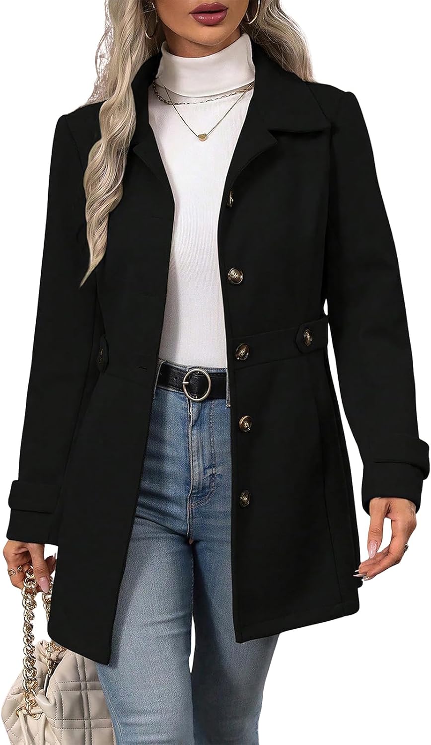 Women's Single Breasted Pea Coat Winter Notched Lapel Mid Long Wool Blend Trench Coat