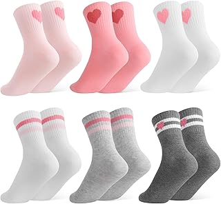 6 Pairs Girls Cute Cotton Crew Socks Striped Heart Bow Patterned | Athletic Basketball Crew Socks with Stripes Hearts Cotton Soft Breathable Socks for Running Sport Outdoor