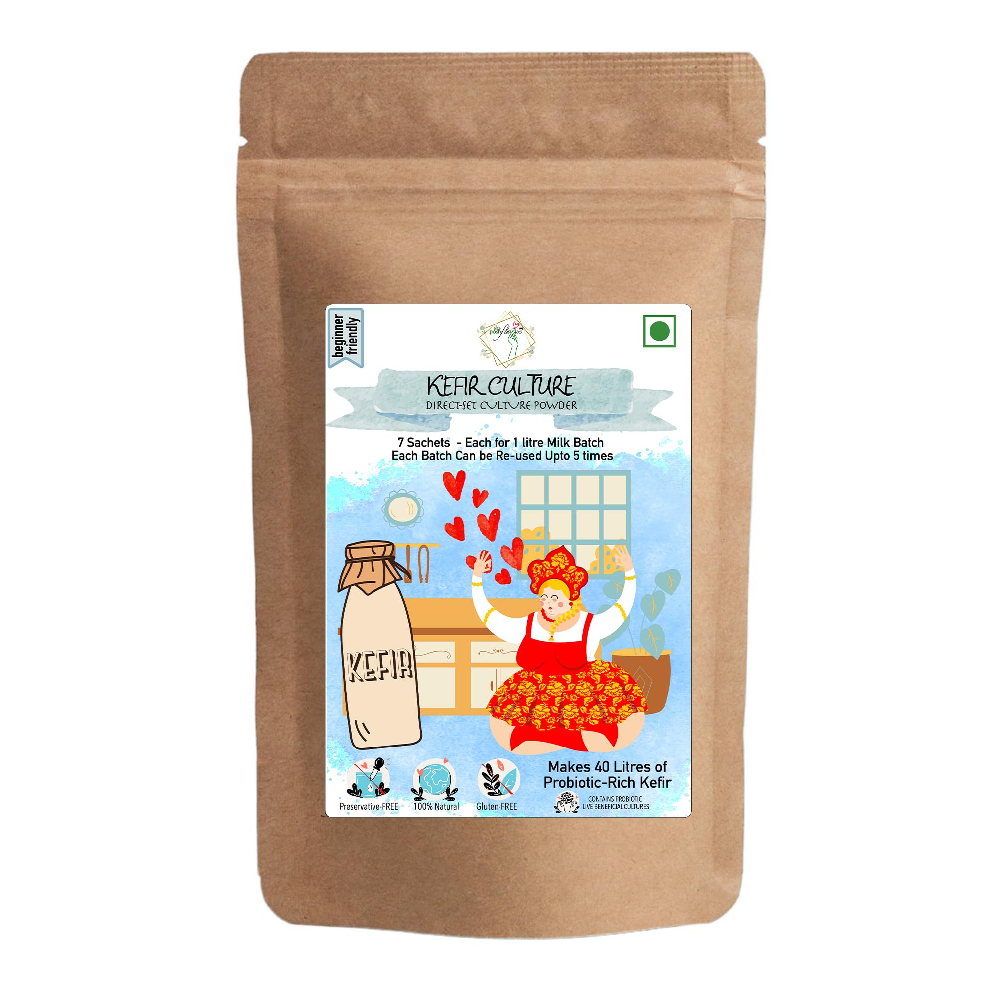 Alla's Posh Flavors™ Kefir "Direct Set" Culture | Pack of 7 Sachets | NOT with 55-60 but with specially selected strains for INDIAN GUT MICROBIOME | Make Batch After Batch Probiotic-Rich Kefir | Zero Maintenance | Warm, Mix, Incubate | Instructions, Demo Video & Support Available | DIRECT SET KEFIR Culture - Does not Form Grains | Lab Tested & Reliable Probiotics