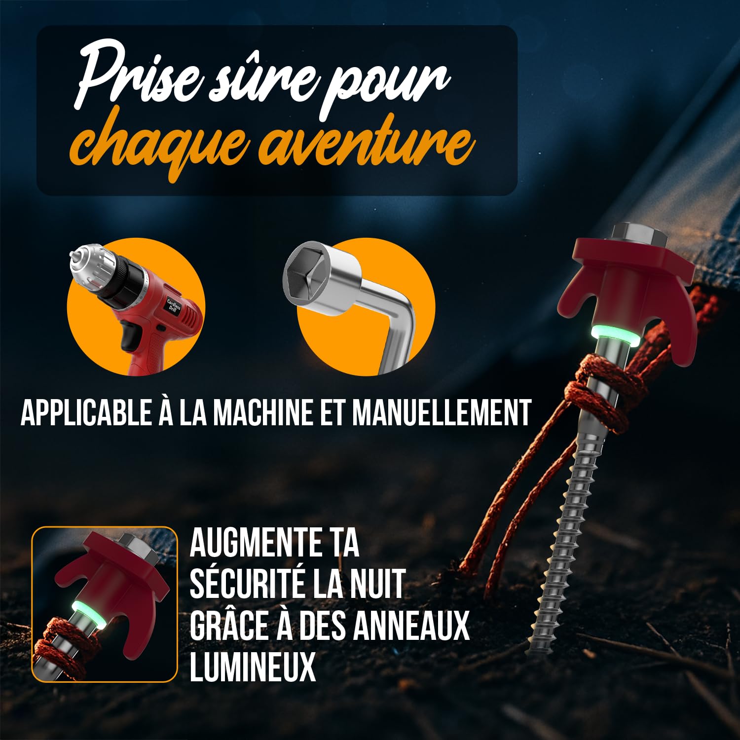 Innosol Set XXL De 24 Piquets à Visser - Acier Galvanisé, 2 Outils, Extracteur, 12 Anneaux Phosphorescents, Sac De Transport, Pour Sol Dur