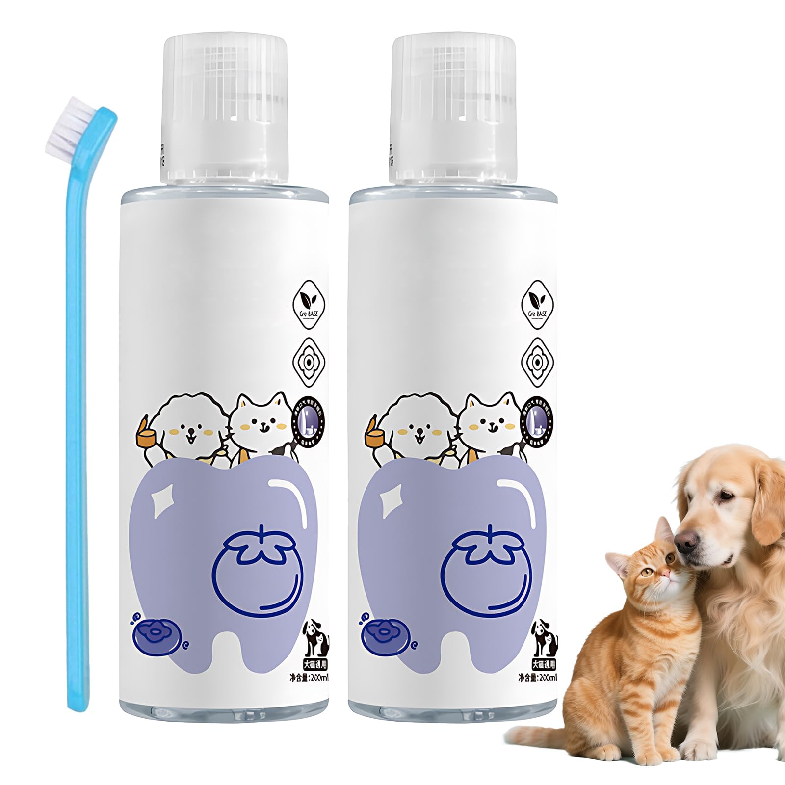 Collutorio per cani e gatti, 200 ml, con spazzolino da denti, soluzione per la cura dei denti per animali domestici, per l'igiene orale quotidiana in acqua potabile, per alito fresco e cura orale