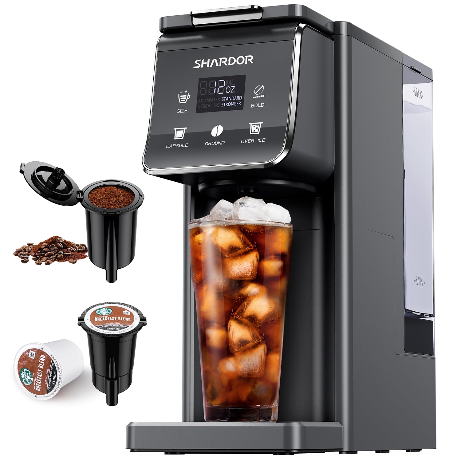 SHARDOR Coffee Maker Hot & Iced With Bold Setting, Single Serve Coffee Maker For K Cup and Grounds, 52oz Removable Water Tank, 6 to14oz Brew Sizes, One Cup Coffee Machine With Reusable Filter, Gray