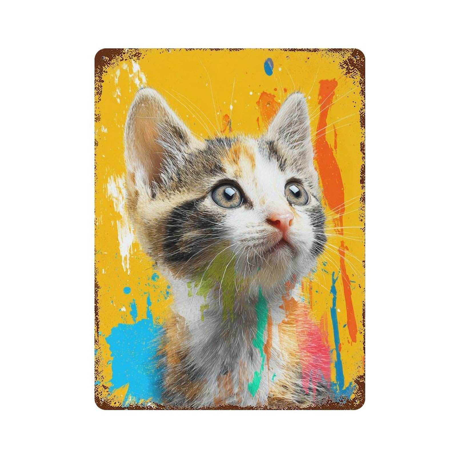 Colorful Kitten Portrait 15.7"x11.8" Weathered Tin Sign, Shabby Chic Decor for Cafe, Home Bar And Lounge Decor