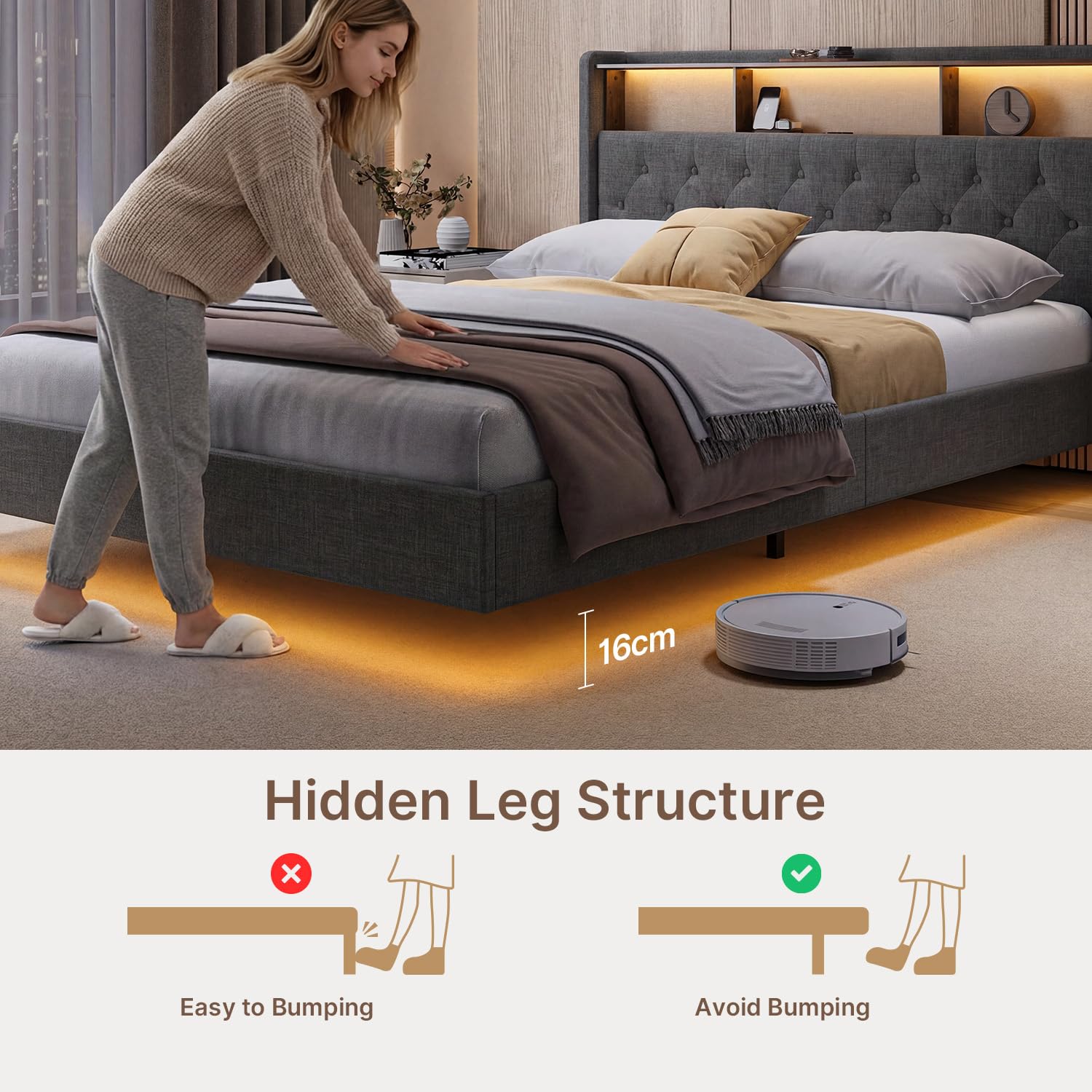 Xbro Łóżko 140 x 200 cm ze stelażem do podłogi, rama łóżka z oświetleniem LED, listwą zasilającą i USB, wyściełany zagłówek ze schowkiem, stabilna struktura, efekt pływający, podszewka lniana
