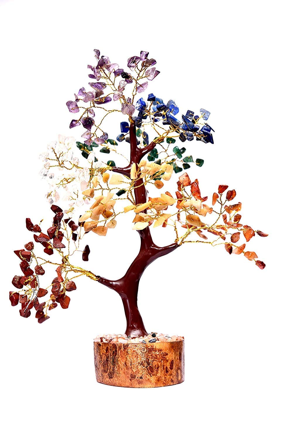 Zingpang Seven Chakra Natural Healing Gemstone Crystal Bonsai Fortune Money Tree for Good Luck (with Golden Wire and 300 Beads) Size 10-12 Inches, Figurine, Multicolour, 1 Piece