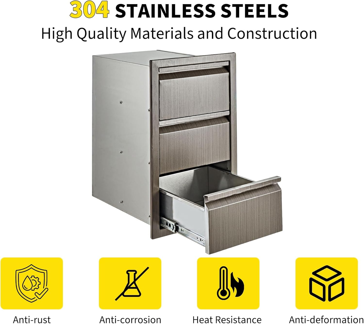 Outdoor Kitchen Drawers, 14“ w x 24” h x 18" d Triple BBQ Drawers, Stainless Steel Built-in Drawer for Outdoor Kitchen or BBQ Island Patio Grill Station, Grey