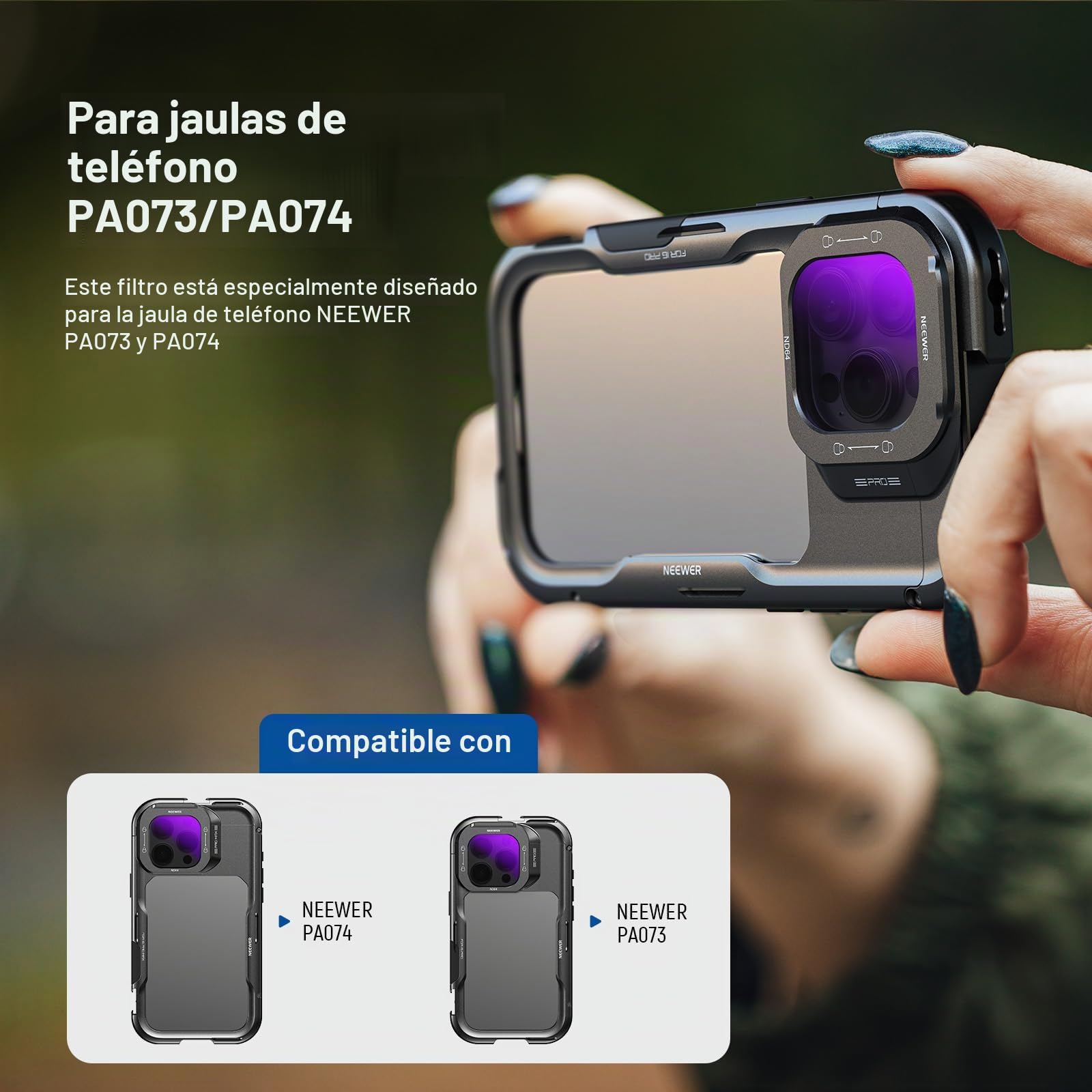 NEEWER Kit de Filtro Objetivos Teléfono (Paquete de 5), Black Diffusion 1/4/ND8/ND16/ND32/ND64 Filtros Liberación Rápida Cristal HD, Compatible Solo con iPhone 16 Pro (PA073) & 16Pro MAX (PA074) Cage