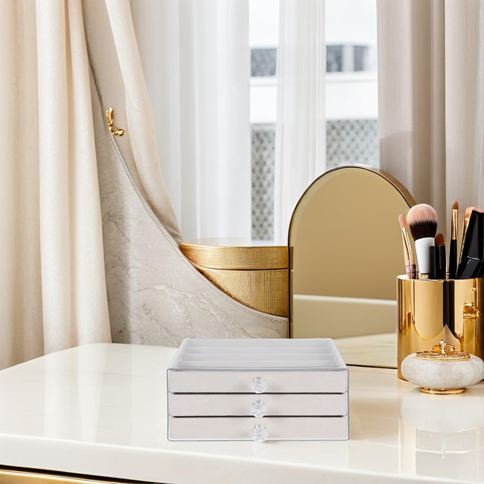 Zerodeko Organizer in Velluto Beige per Collane e Bracciali, Scatola Portaoggetti Antipolvere 15 Scomparti e 3 Strati, Custodia da Scrivania per Donne e Ragazze