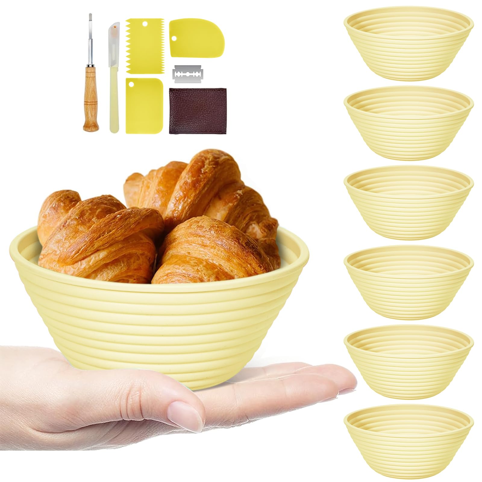 Banneton de silicona, cestas de pan de masa madre (juego de 6, 5 pulgadas), cuencos redondos para pan a prueba con kit de iniciación, suministros para hornear para hacer pan