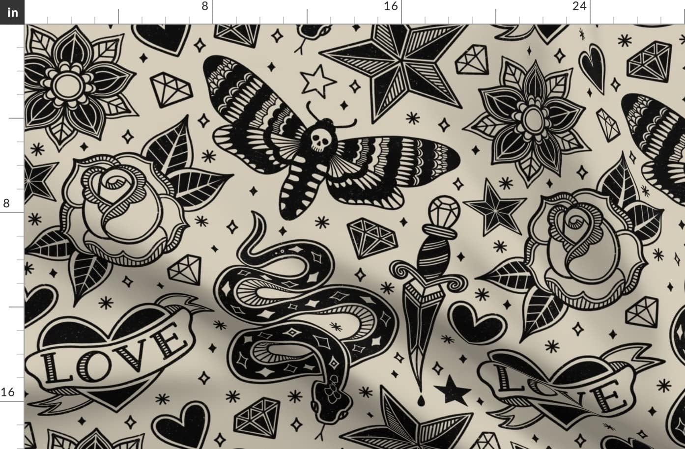 Spoonflower Fabric - Tattoo Black Beige Flower Vintage Star Diamond Rose Heart Printed on Organic Cotton Sateen Fabric by The Yard - Sewing Quilting Apparel Home Decor