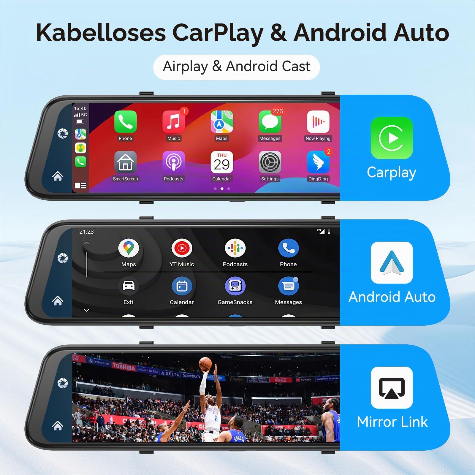 Herilary 12 Zoll 4K Rückfahrkamera Spiegel mit Wireless Android Auto CarPlay, Dashcam Spiegel mit G-Sensor, Loop-Aufnahme, Einparkhilfe, Bluetooth, Mirror Link, AUX, SD-Karte, WDR, HD Touchscreen