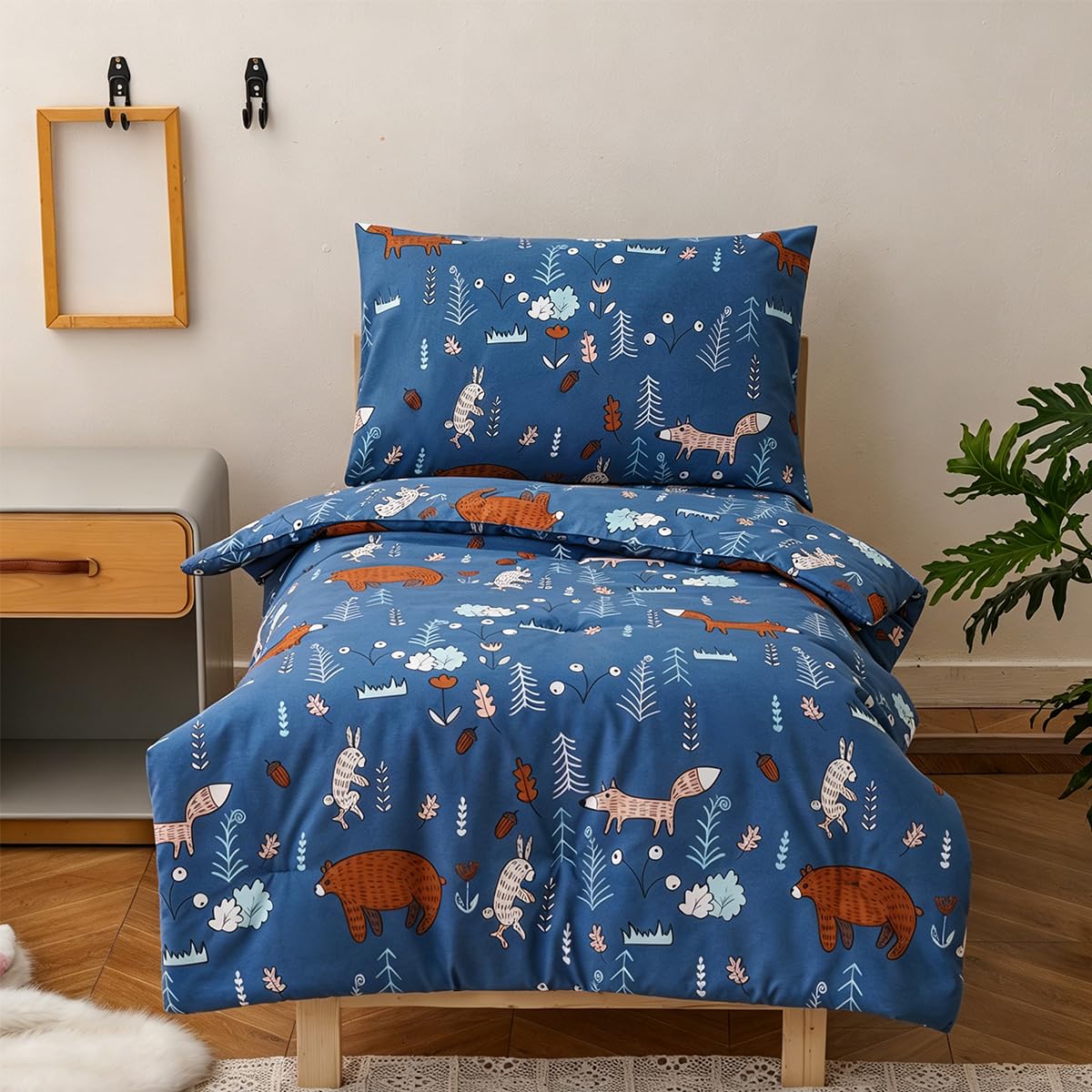 KAREVER Cartoon Toddler Bedding Set Bear Fox 4 Pieces Crib Bed Set Kids Navy Blue Animal Print Comforter Set