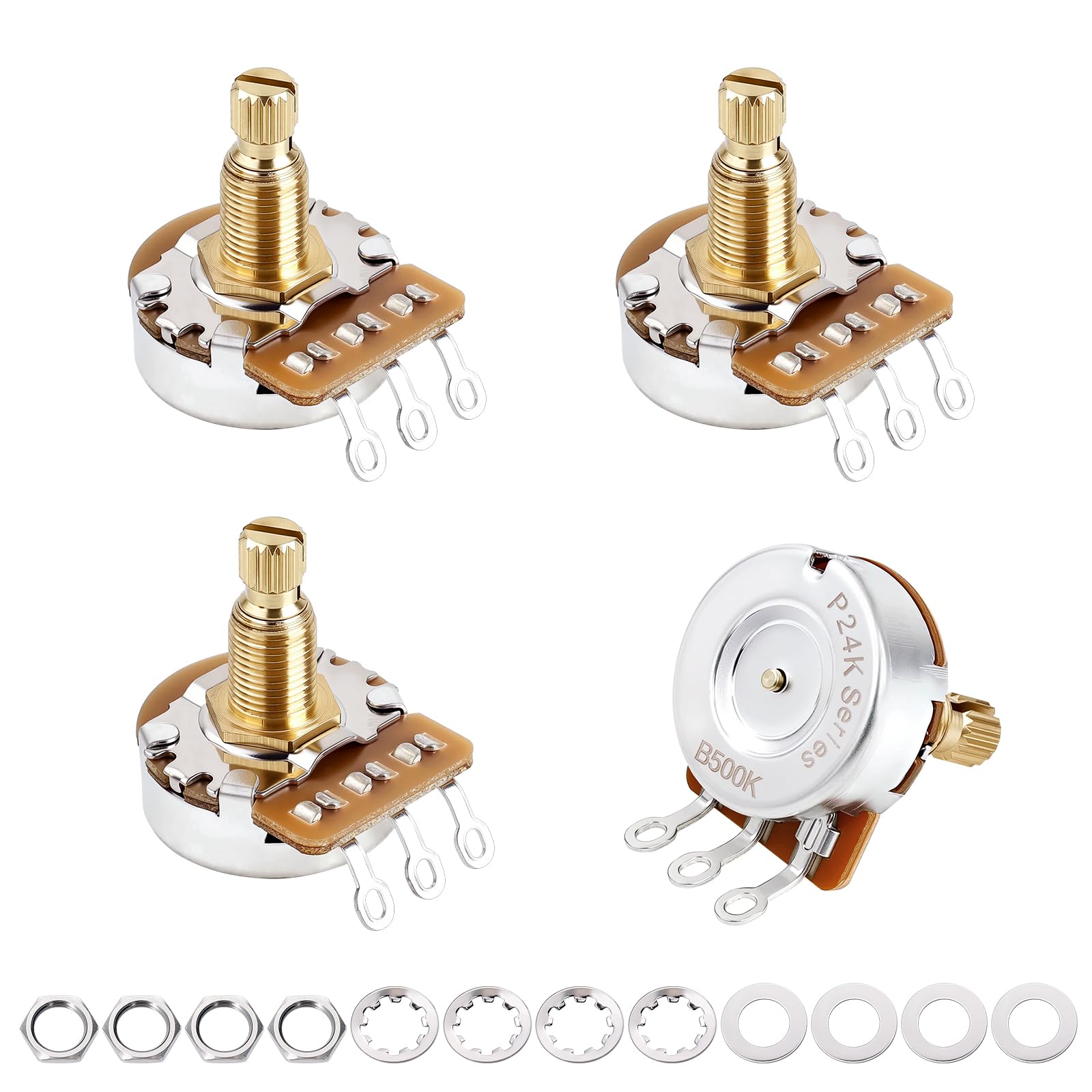 Banworks Brass B500K M8 Thread Full Sized Electric Guitars Pots Metric 18-Spline Split Long Shaft (18mm Length) Linear Taper Potentiometer for Epiphone Les Paul LP/SG Squier Strat/Tele 4pcs JT/XNQ-16
