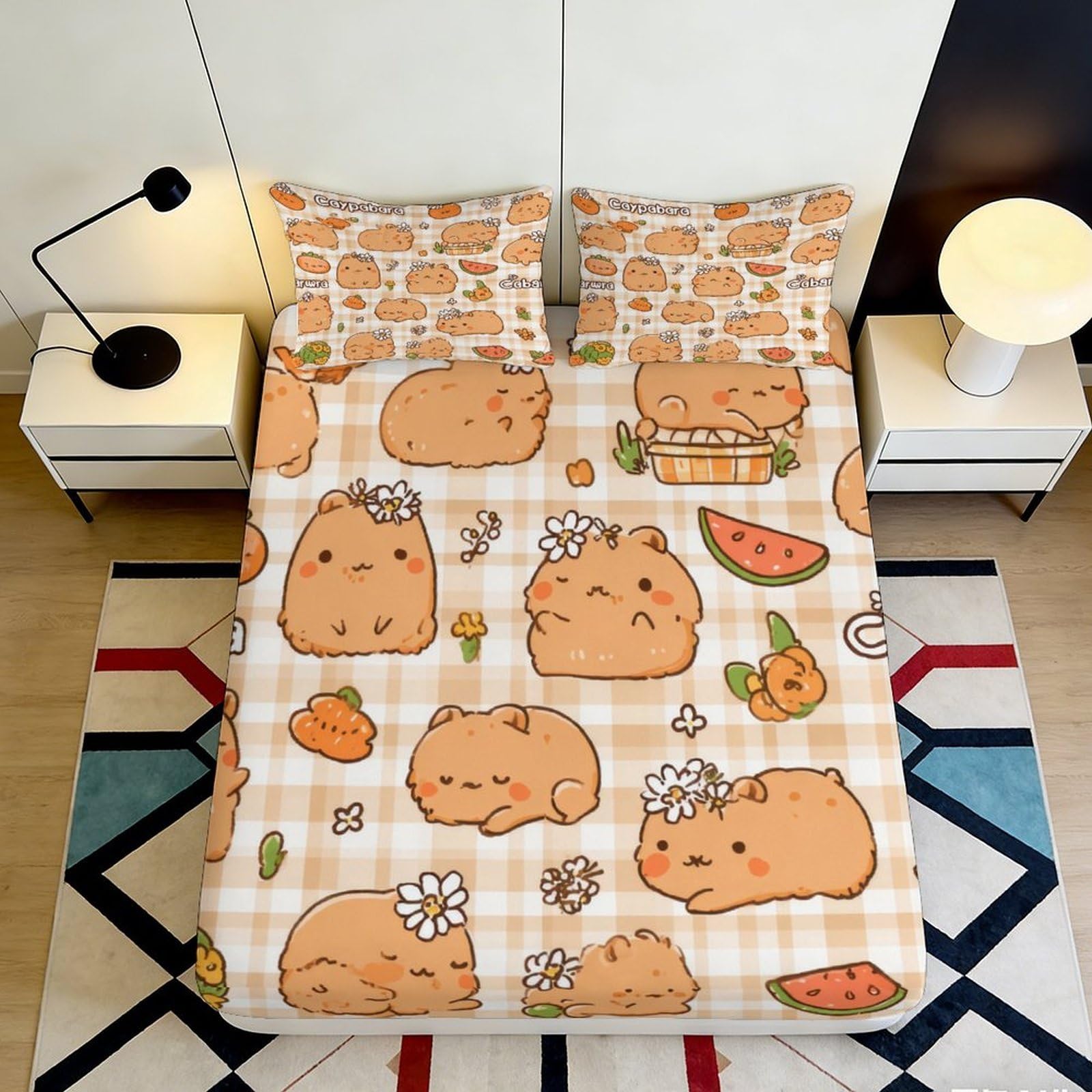 3D Printed Cute Capybara Fitted Sheet Microfiber Soft Durable Beige Check Bed Sheet for Bedroom Dormitory Guest Room Mattress Cover 180x200x25cm
