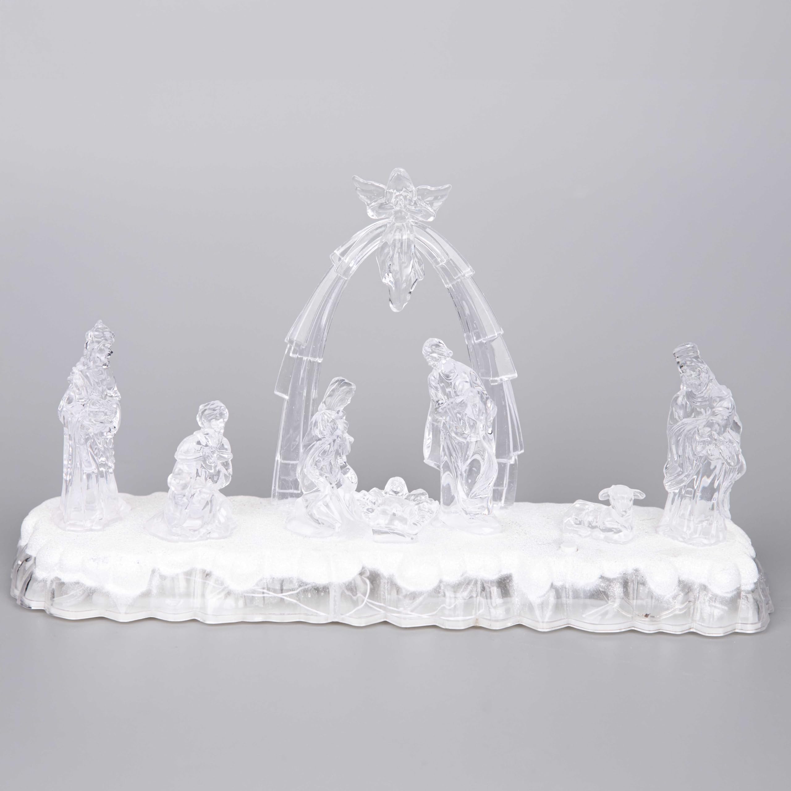 32cm Christmas Pre-Lit LED Musical Nativity Scene Acrylic Sculpture Battery Operated Light Up Xmas Tabletop Home Decorations