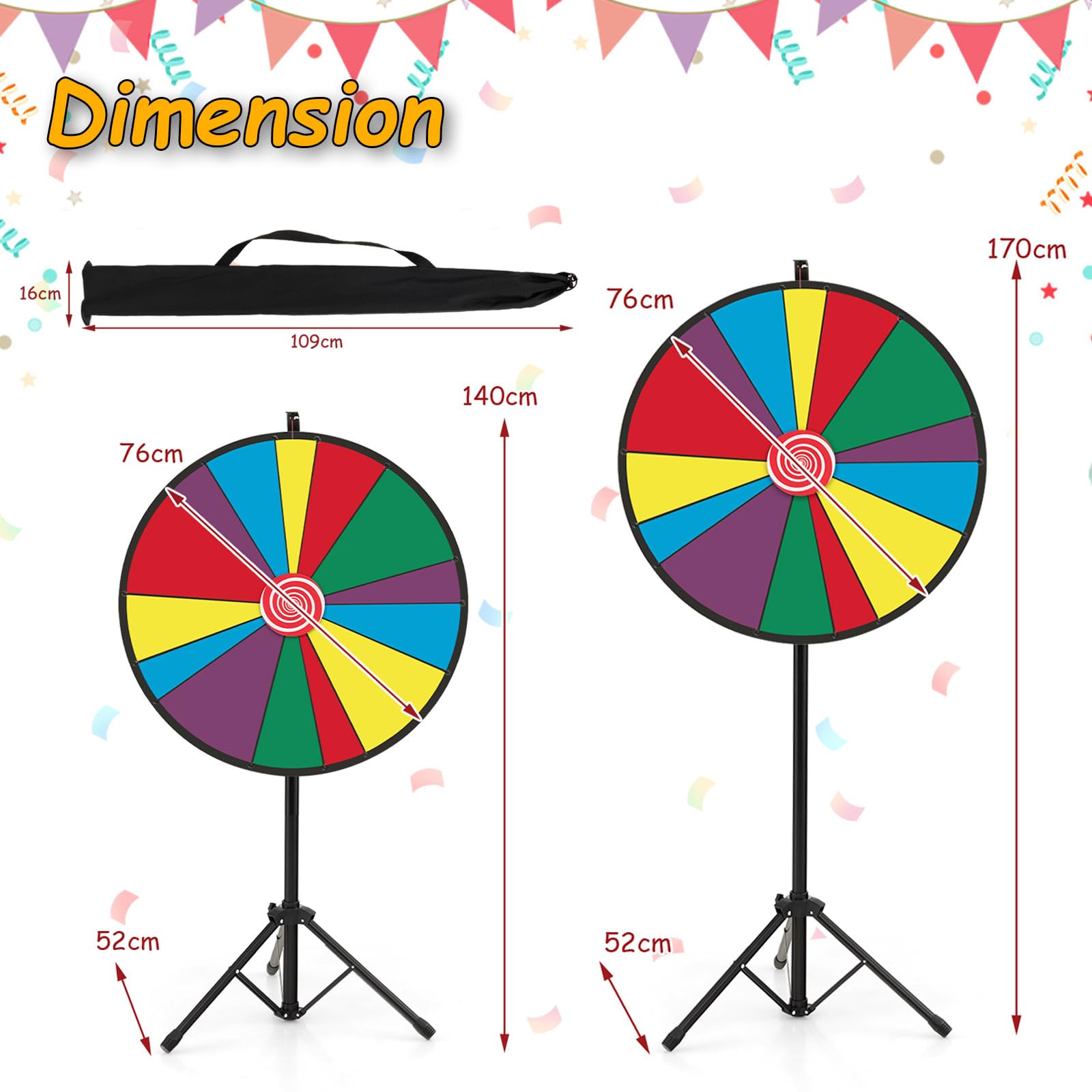 SOARS Roue de la Fortune 30", Hauteur Réglable de 140-170 CM, Personnalisable avec Marqueur pour Tableau Blanc et Éponge, pour Jeux de Mots, Famille (76 CM, 14 Emplacements)