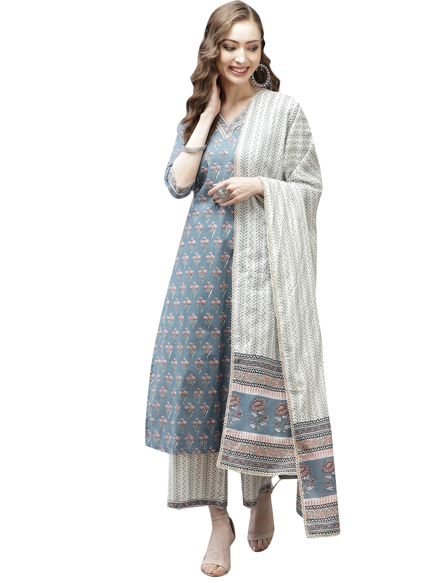 Women Printed Cotton Straight Kurta & Palazzo With Dupatta