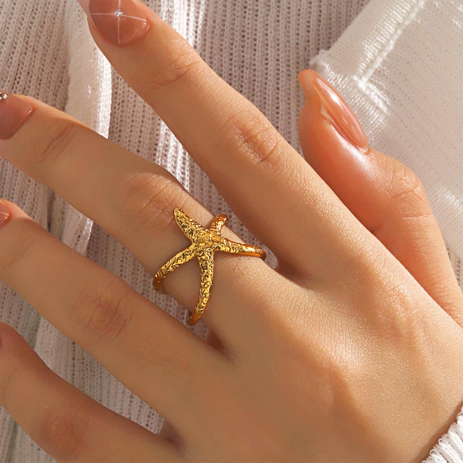 Nojess Starfish Statement Ring For Women Stainless Steel Seashell Rings Opening Adjustable Gold Silver Starfish Ring Irregular Beach Rings Summer Beachy Ocean Jewelry Gift - Image 2