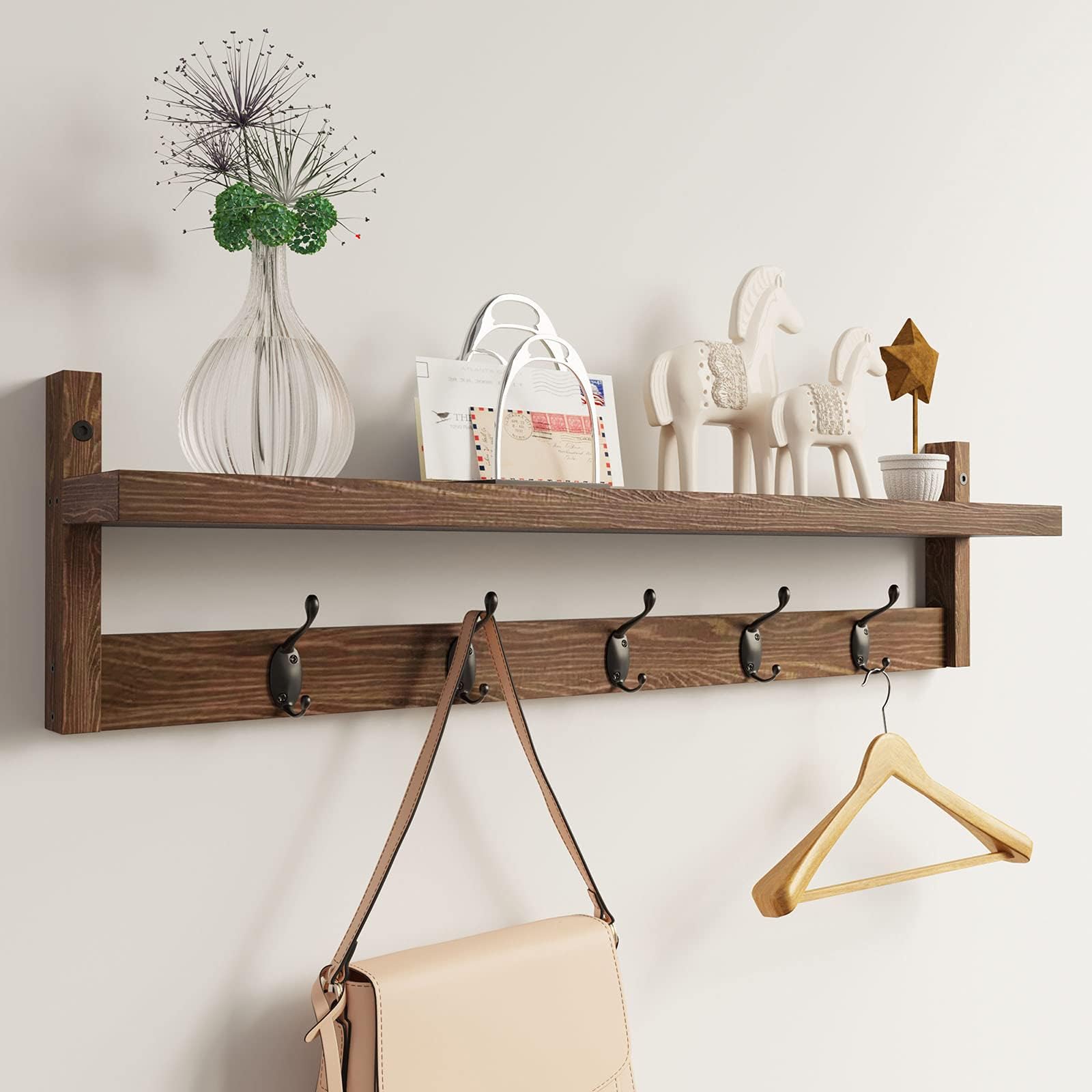 Wall Hooks with Shelf 28.9 Inch Length Entryway Wall Hanging Shelf Wood Coat Hooks