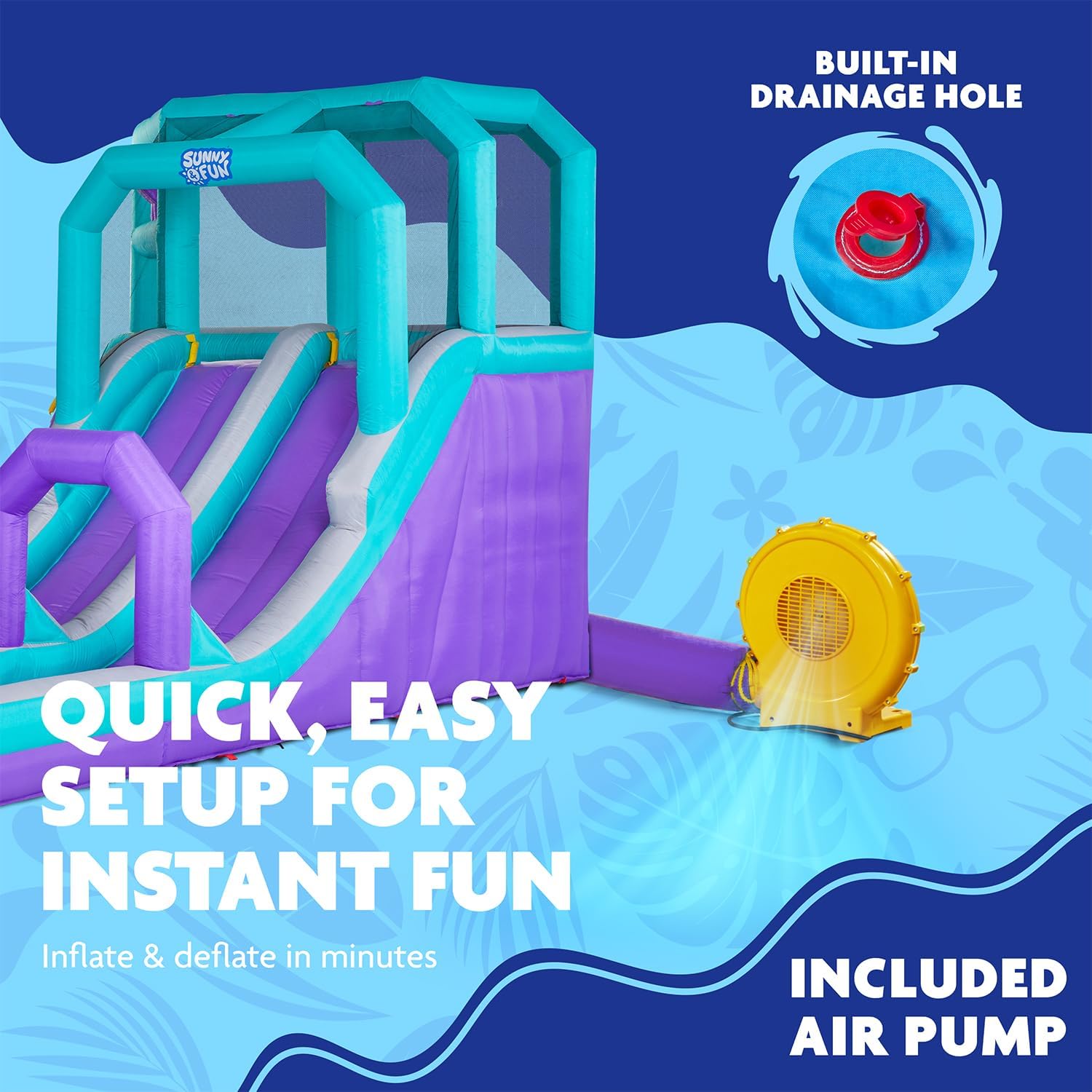 Sunny & Fun Mega Climb N’ Go Inflatable Water Slide Park – Heavy-Duty for Outdoor Fun - Climbing Wall, 2 Slides & Deep Splash Pool – Easy to Set Up & Inflate with Included Air Pump & Carrying Case