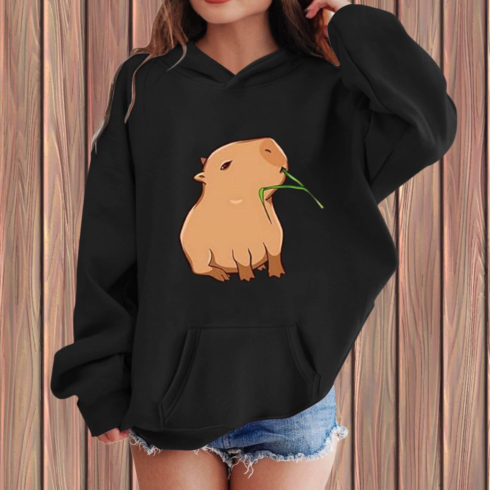 Sudadera Con Capucha Para Niña Estampado Capybara Manga Larga Forro Polar Informal Bolsillo Ropa Invierno Cálida