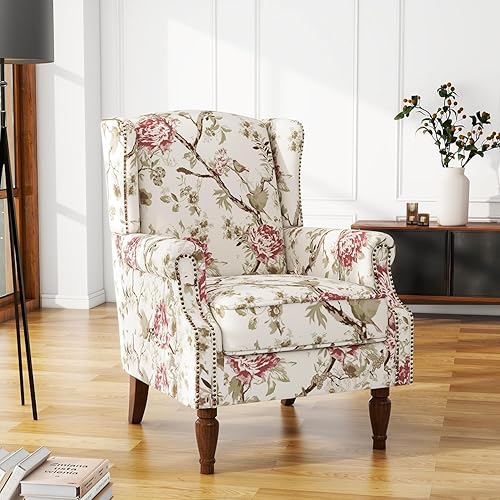 UIXE Silla decorativa de respaldo alto, silla tapizada de tela con respaldo de ala para sala de estar, color beige floral