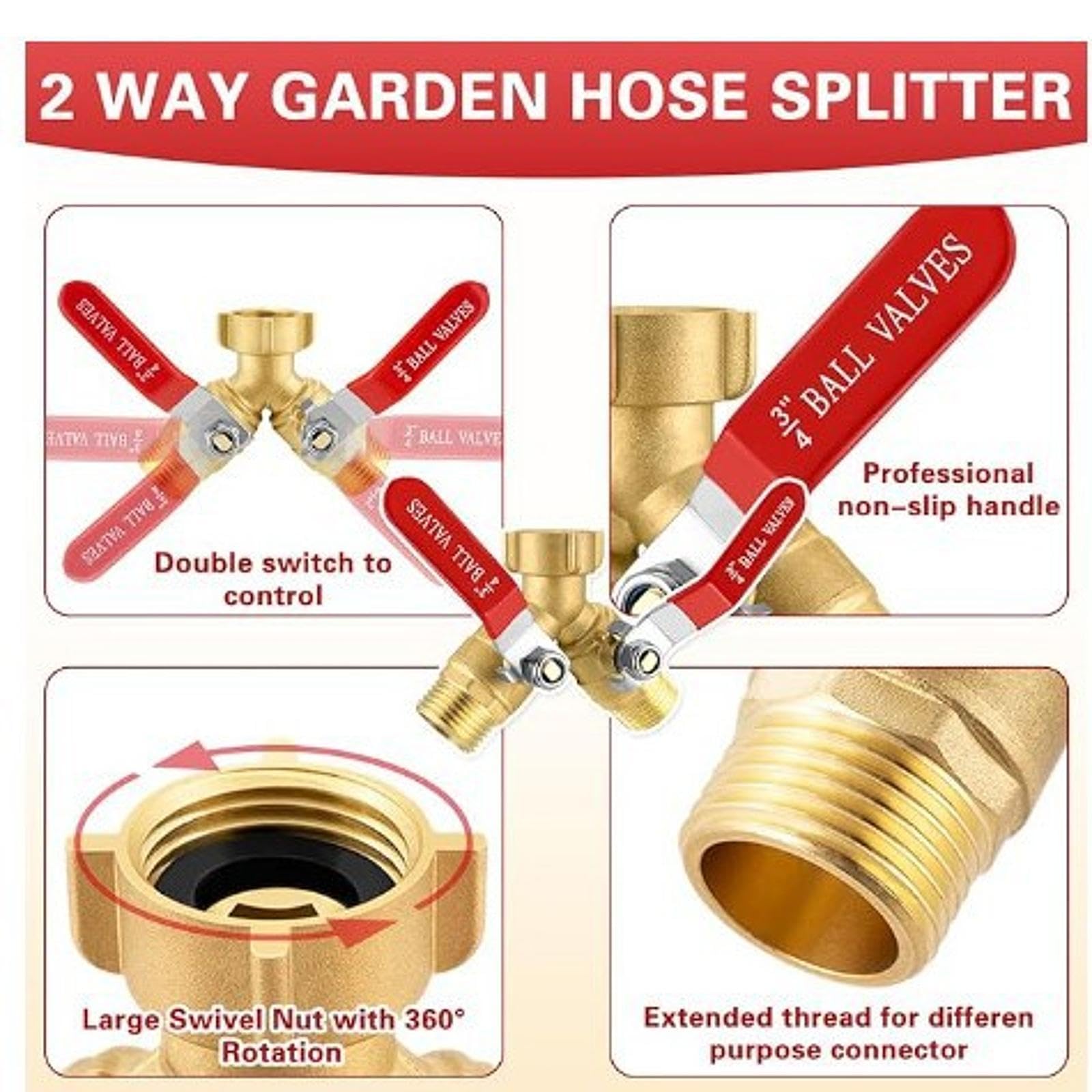 4 Pezzi Sdoppiatore per Tubo Separatore da Giardino Adattatore a Y Connettore a 2 Vie in Ottone con Manopole Facili da Girare Adatto per Collegare Ir, Noi