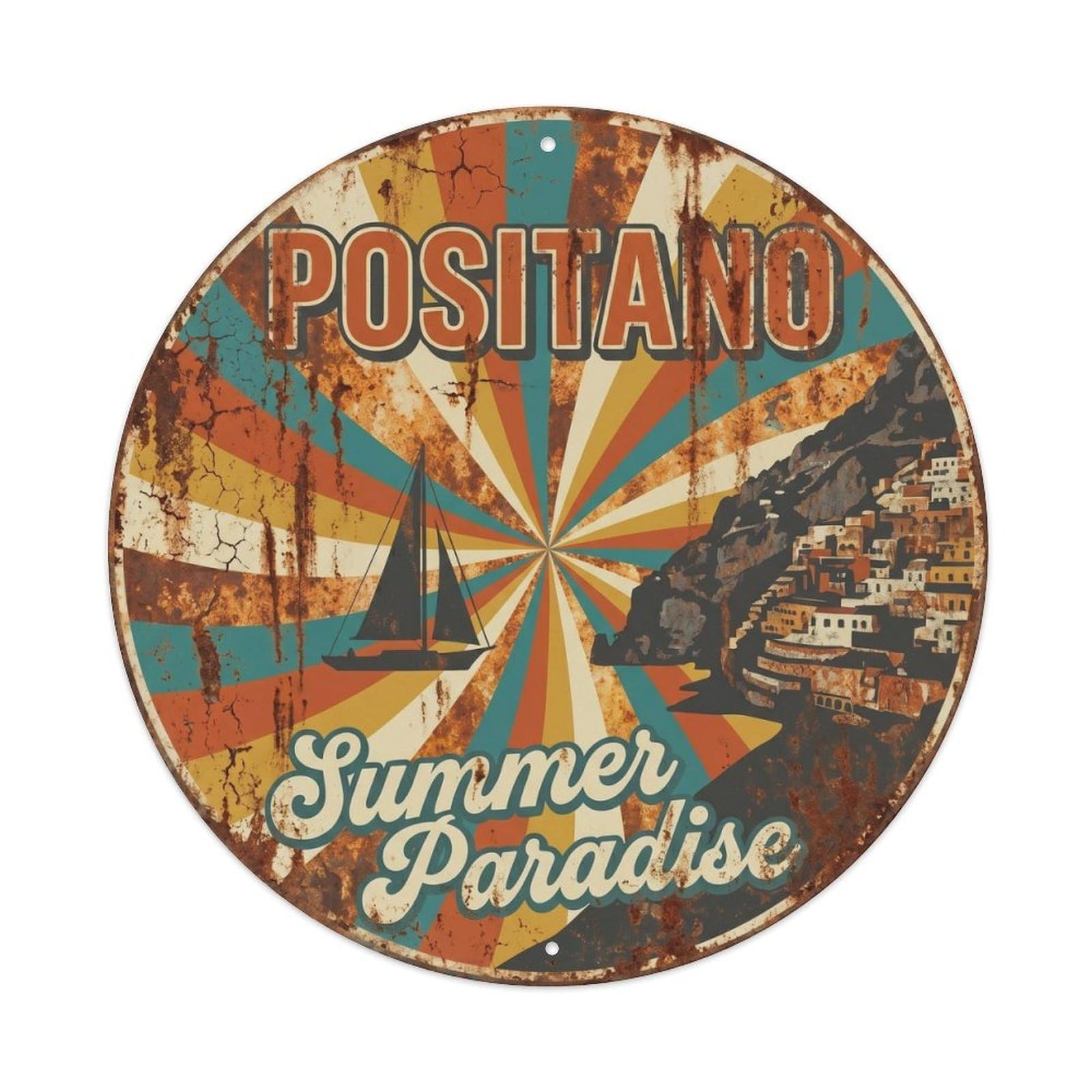 Campania Stamp Positano Retro Coastal Italy Classic Metal Tin Sign Plaque Wall Decor for Cafe, Man Cave, Club Bar, Office, Home Garden Round Metal Poster 8x8Inch