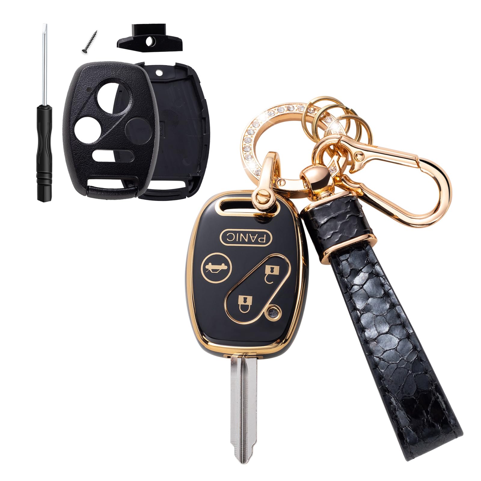 for Honda Key Fob Cover Case, Car Key Fob Protector Shell Compatible with 2003-2012 Accord / 2006-2013 Civic/CR-V Pilot Fit Odyssey Ridgeline Smart Key Holder with Leather Lanyard