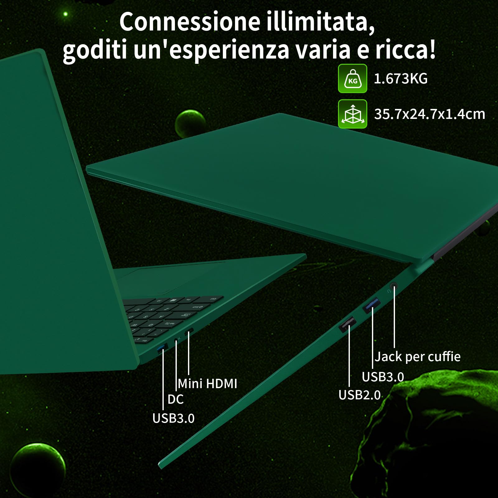 LONGVEINCE 2026 16 pollici PC portatile Laptop, 1920×1200 IPS, processore Pentium 7020Y (fino a 3,4 GHz), notebook leggero, BT4.2,USB3.0,5000 mAh, Win11 Pro, Verde,16 GB+512GB