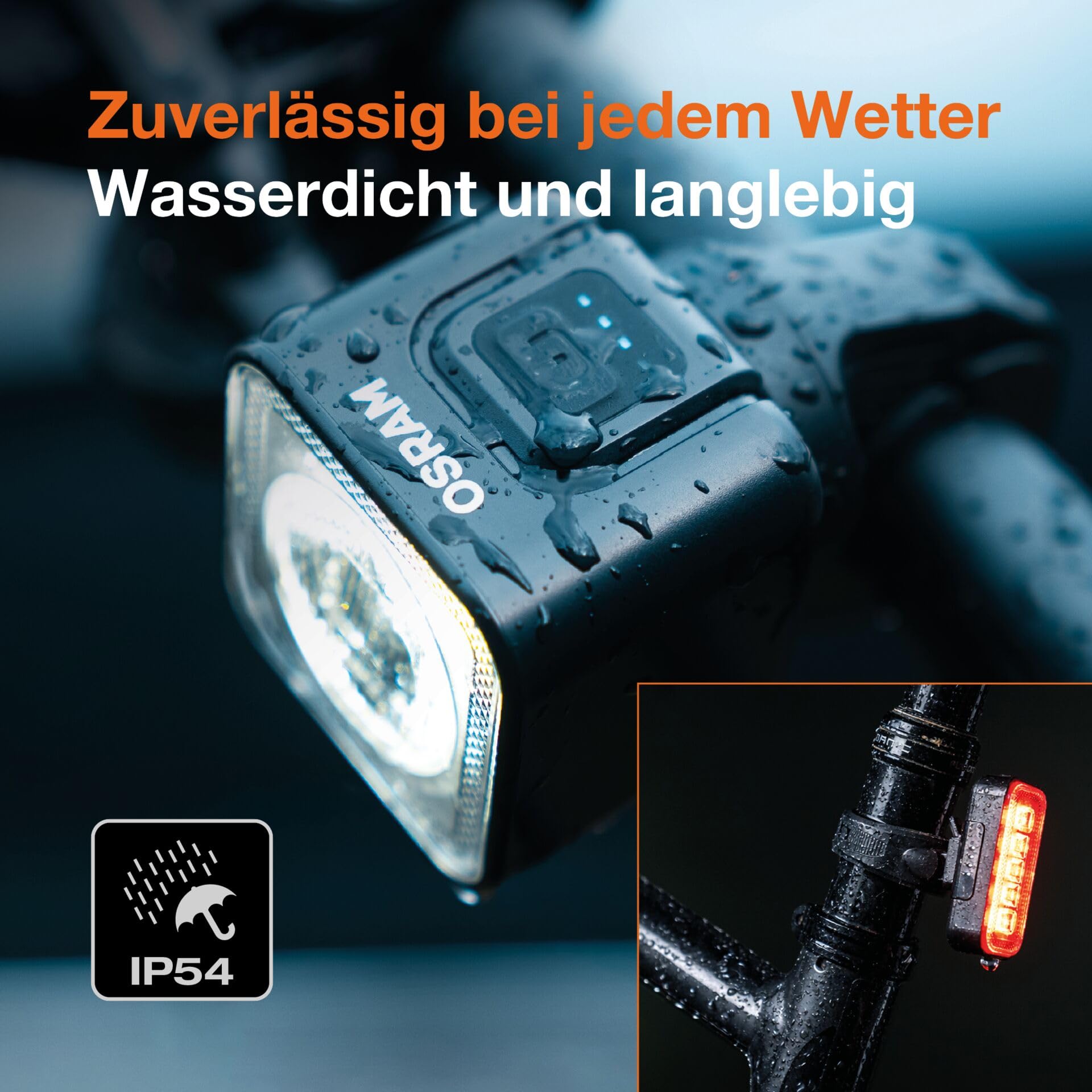 OSRAM LEDsBIKE COMPACT 50 Set, wiederaufladbares Fahrradlicht-Set – Vorder- und Rücklicht, StVZO-geprüft, Garmin-kompatible Halterun, DREI Beleuchtungsmodi, 50 Lux