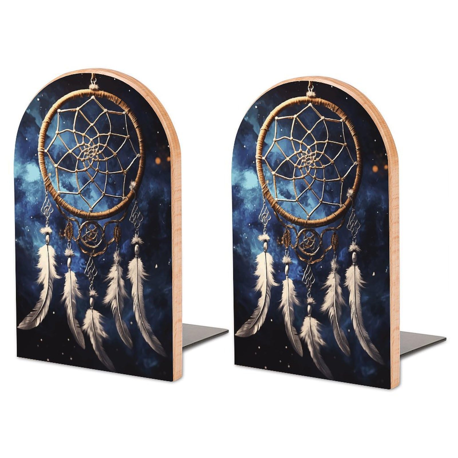 Beech Wood Bookends for Shelves, White Fantasy Dream Catcher Print Space-Saving Modern Design with Iron Base, Ideal for Office, Home, and Library