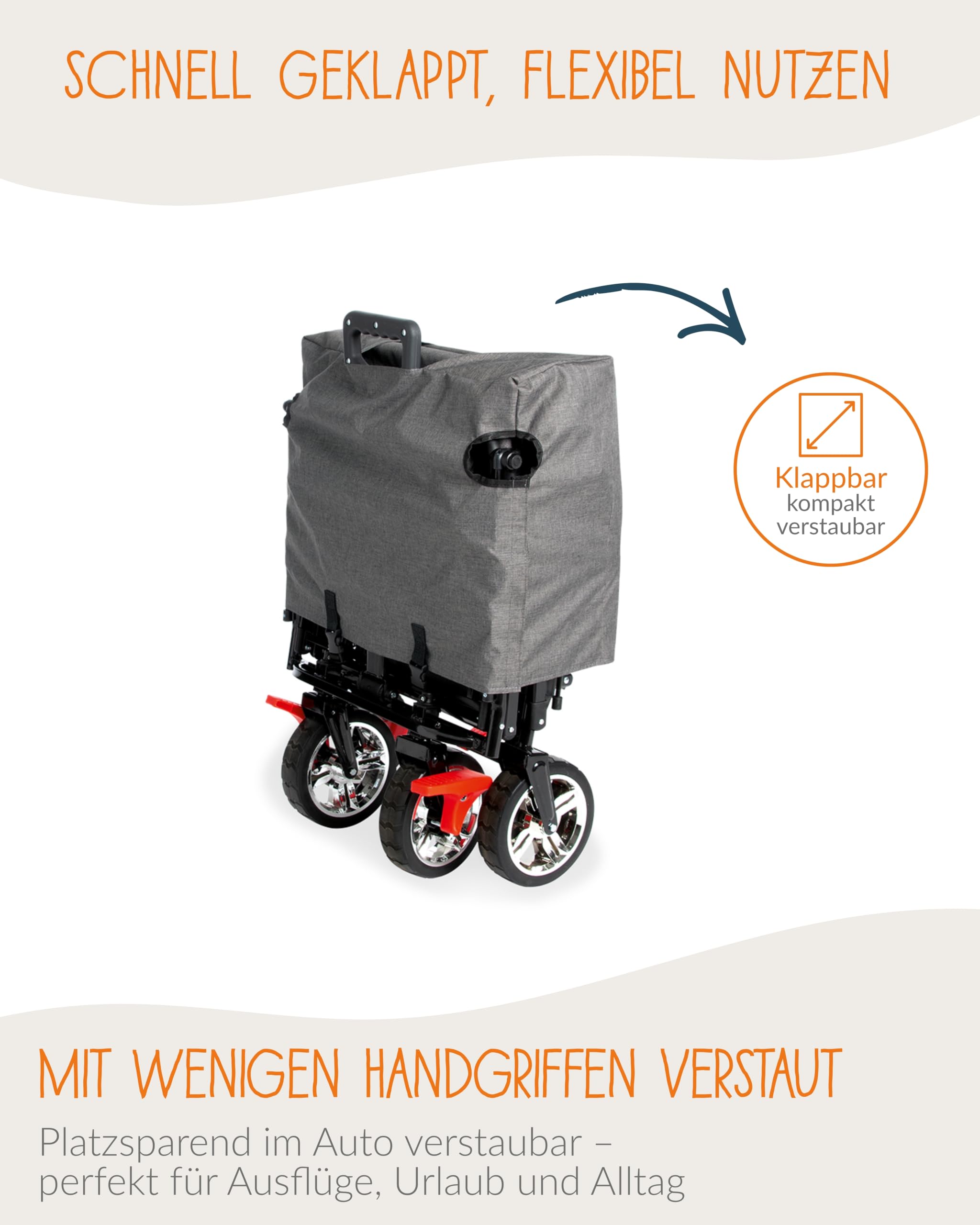 PINOLINO AddPlus Bollerwagen faltbar mit Bremse – Transportwagen mit Schutzhülle, höhenverstellbarer Schiebegriff, All-Terrain PU-Reifen, Stahlachsen, 80 kg Tragkraft, Ladefläche 120×56×67 cm, grau