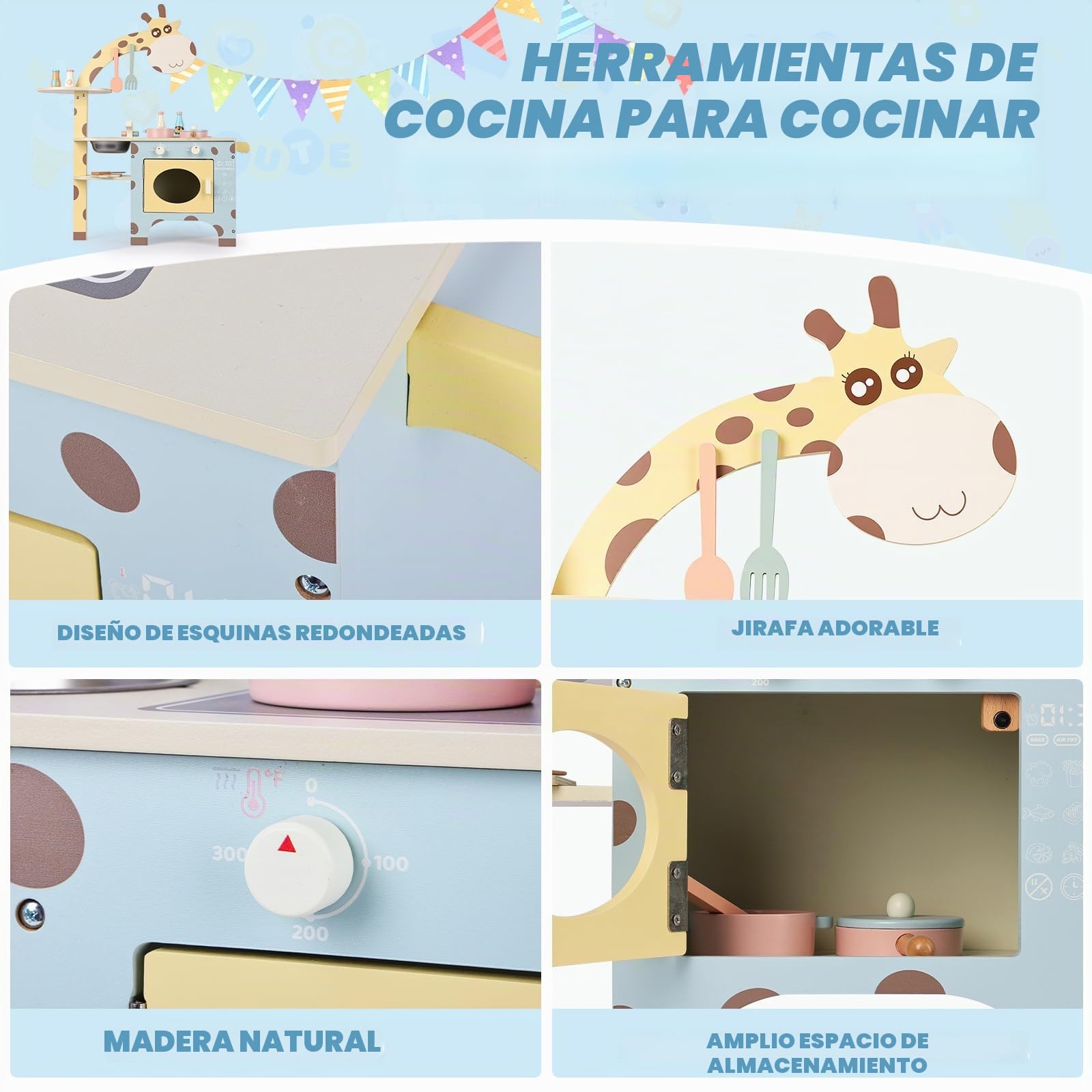 Cocina De Juguete De Madera Con Diseño De Jirafa – Incluye Fregadero De Acero, Perillas Con Sonido Y Más De 10 Accesorios, Ideal Para Niños De 3 A 6 Años