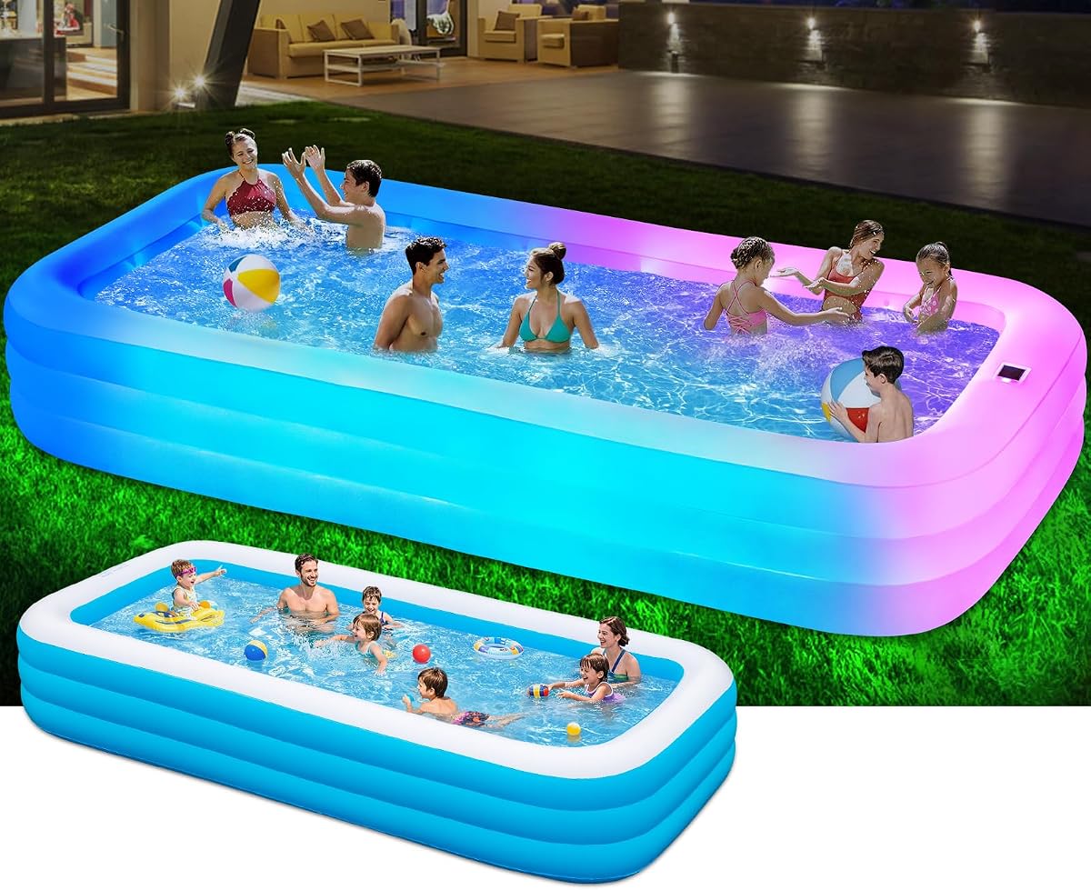 Piscina inflable solar grande de 145 x 74 x 22 pulgadas con luces, piscina hinchable gruesa de gran tamaño para adultos, piscina familiar con 7 colores cambiados para patio trasero, exterior