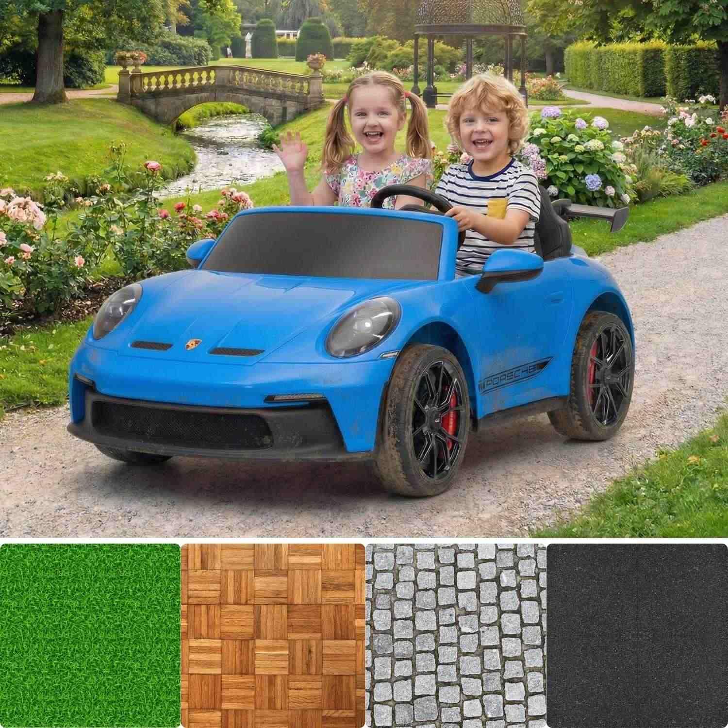 Porsche 911 GT3 Voiture électrique Enfants 24V 2 Places 4x4 Bleuw, 4 x 200W Moteurs, Batterie Lithium, télécommande parentale 2,4 GHz, Suspension, USB/AUX, phares LED, Licence Officielle