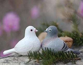 Cute Hand Carved Small Wooden Pigeon Figurines Wood Pigeon Statues for Home Decor Pigeon Ornaments for Shelf Decor (White and Grey Pigeon)